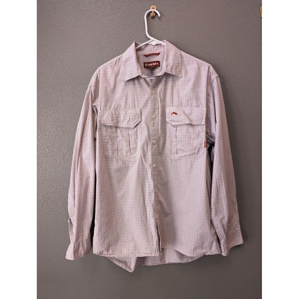 Simms Fishing Button Down Long Sleeve Shirt Red White Striped Men's Size Medium - Picture 1 of 4